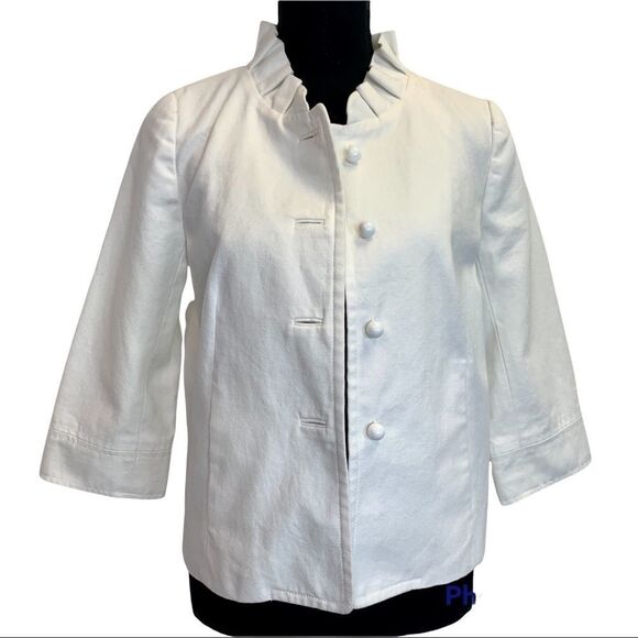 J.CREW white cavas atelier swing jacket ruffle collar Sz 2 - Picture 2 of 12